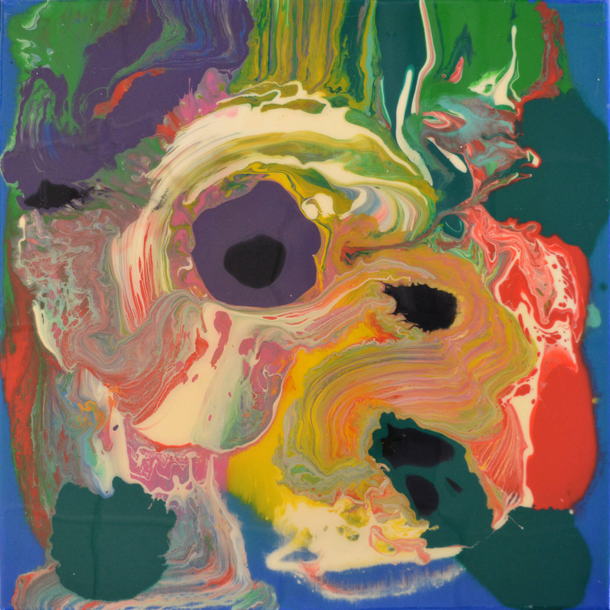 Abstsract painting of swirls of color and thick paint strokes in a variety of color sincluding purple, blue, yellow, red and black.